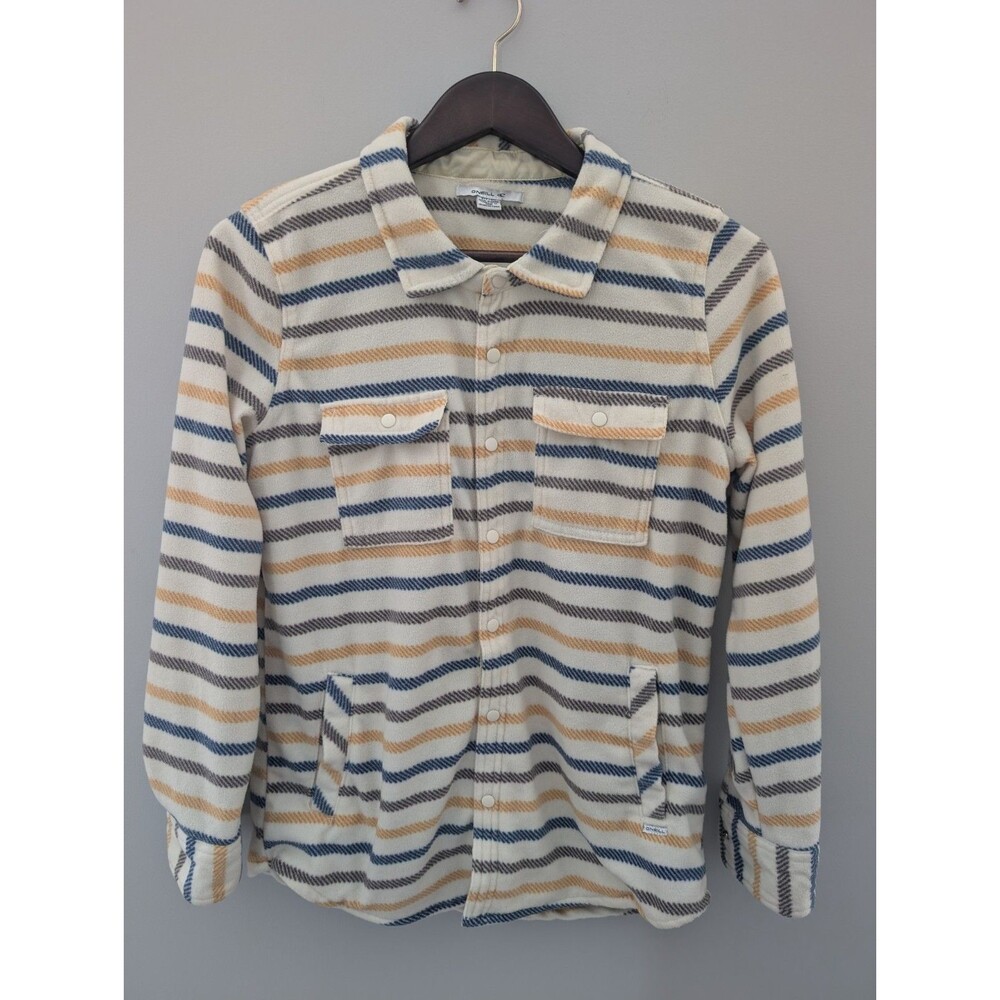 O'neill Fleece Jacket Mens Small White Striped Snap Button Up Soft Outdoors